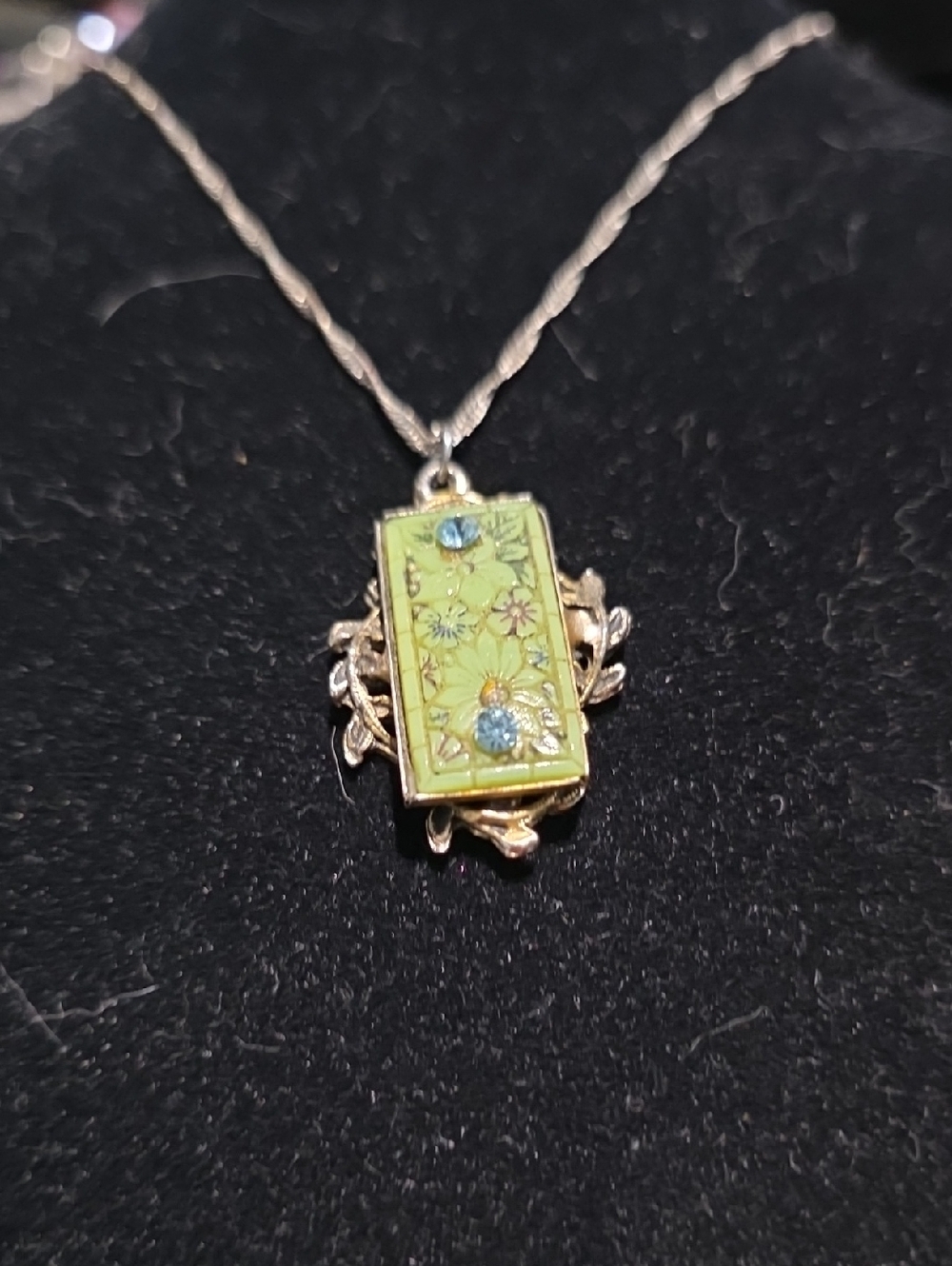 Gold-Tone Green Floral Enamel Pendant Necklace with Blue Accents